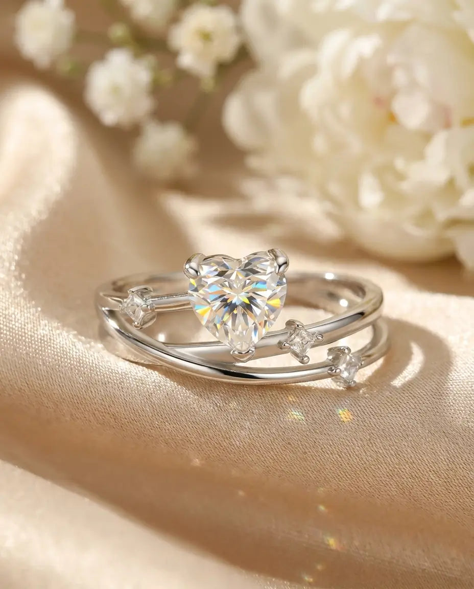 0.8ct Heart Cut Moissanite Ring - Multi-Layer Cross-Over Band in Sterling Silver - IfShe NZ