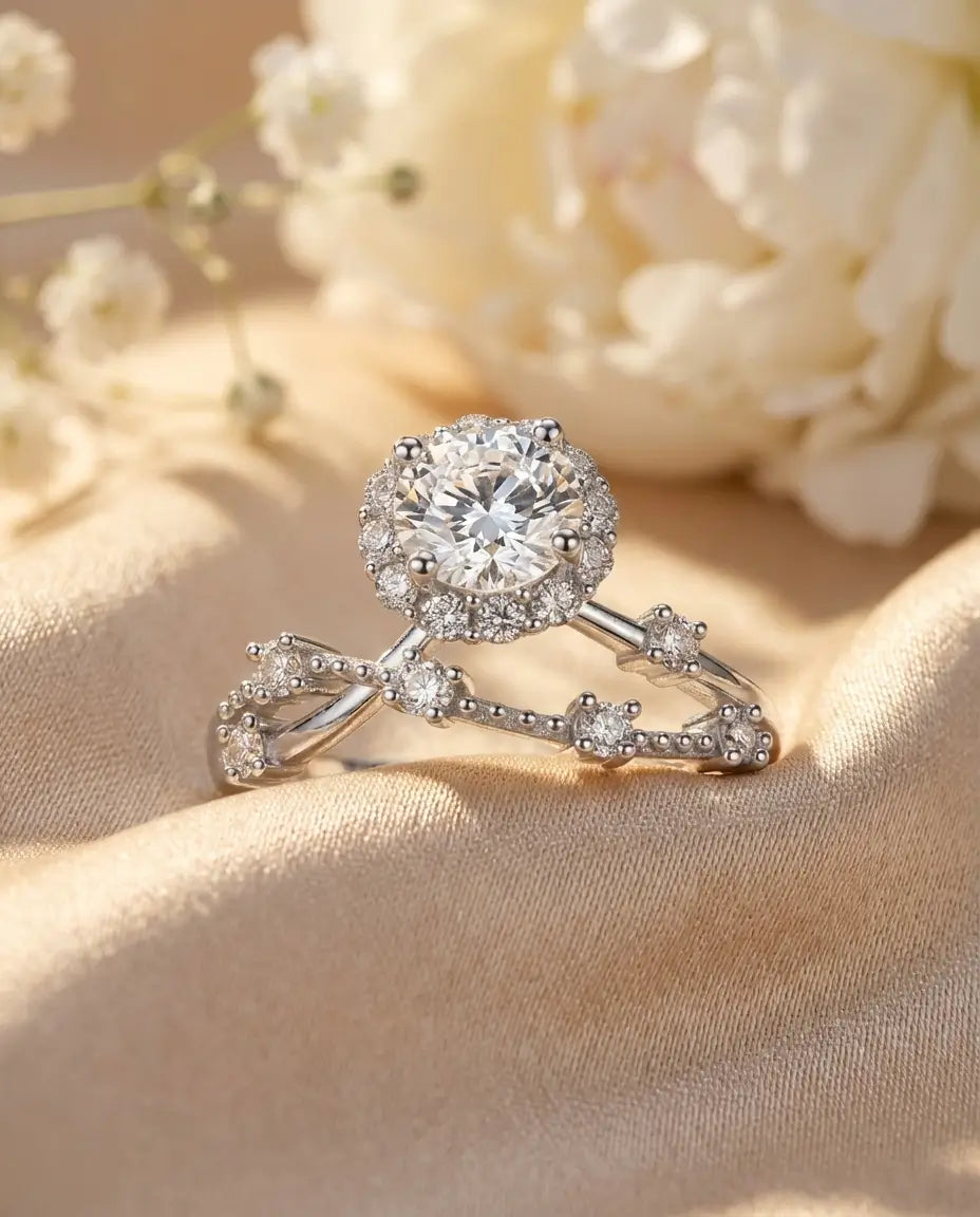 0.8ct Round Halo Moissanite Ring - Vintage Twisted Band in Sterling Silver - IfShe NZ