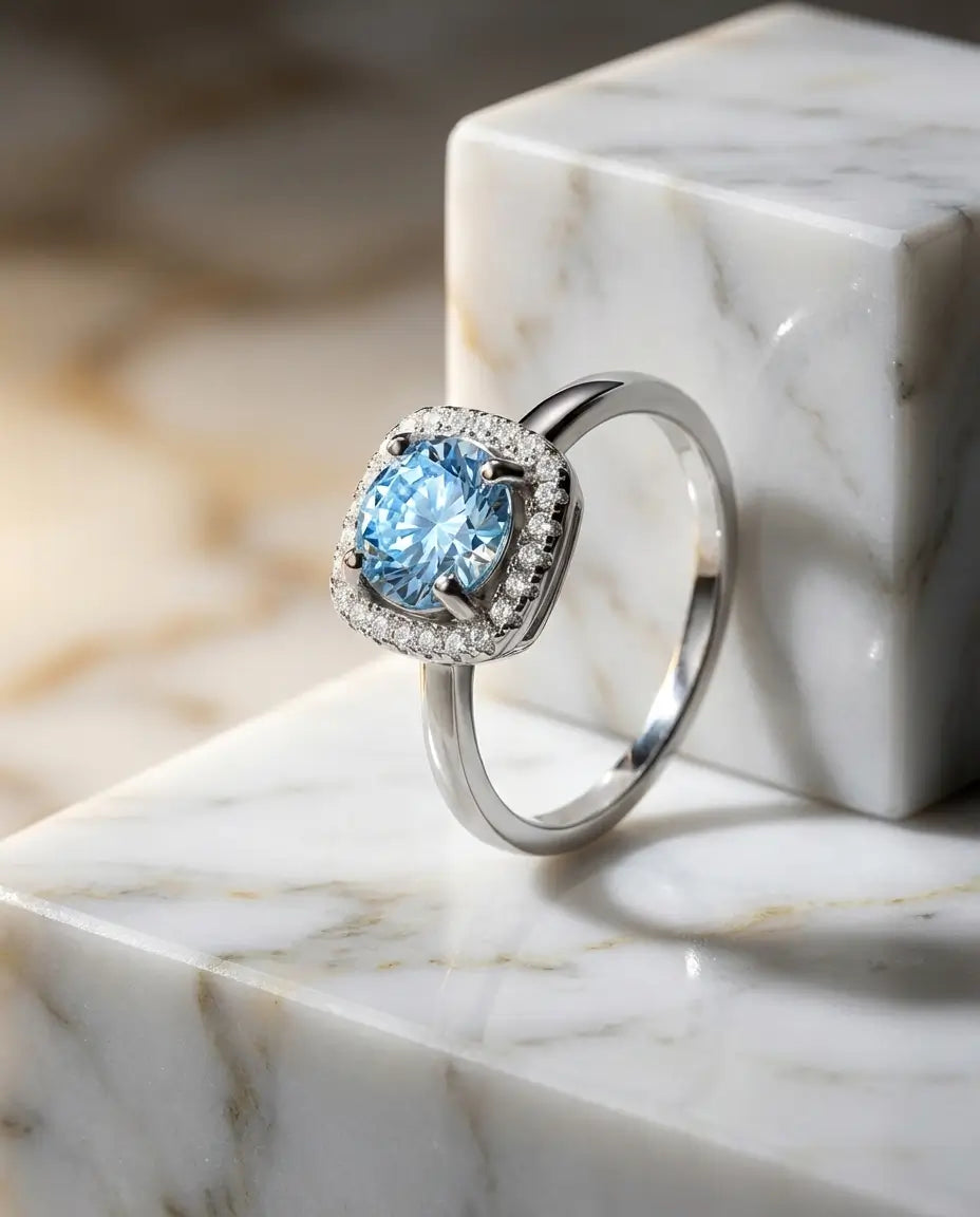 Classic Halo Sea Blue Moissanite Ring - 1 Carat VVS1 in 925 Sterling Silver IfShe NZ