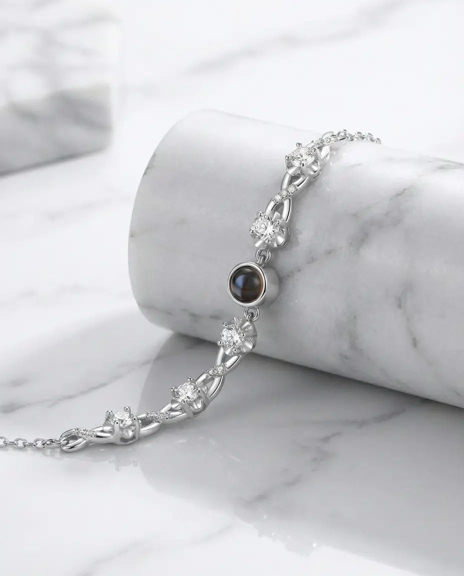 Custom Photo Projection Bracelet - Floral Silver Charm with Hidden Picture IfShe NZ