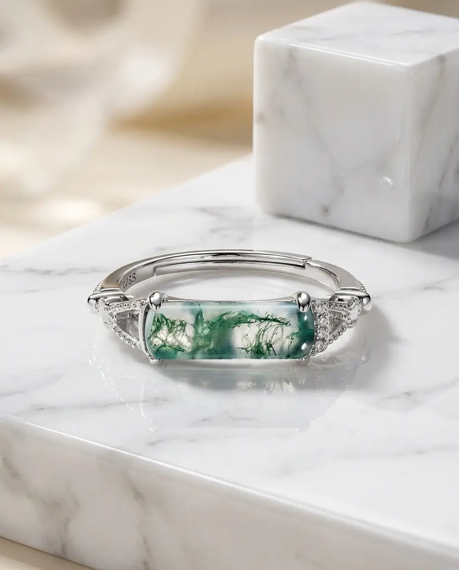 East-West Rectangular Moss Agate Ring - Vintage Adjustable Silver Bar Ring IfShe NZ
