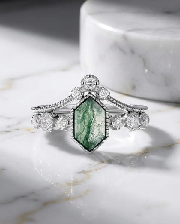 Elongated Hexagon Moss Agate Bridal Set - Vintage Milgrain Art Deco Ring IfShe NZ