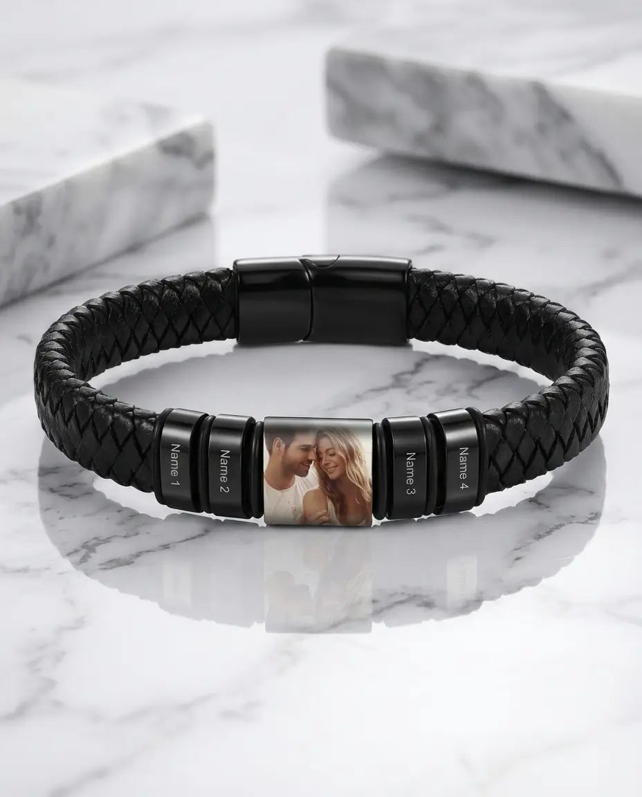 Men's Personalised Photo Bracelet in Braided Leather with Engraved Family Names