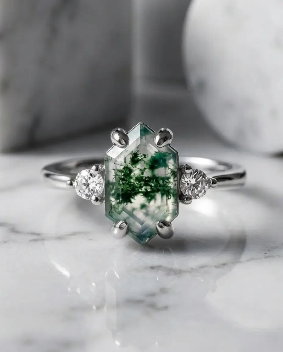 Hexagon Moss Agate Adjustable Ring - Trilogy Design in Silver or Gold IfShe NZ