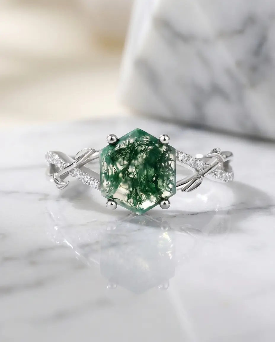 Hexagon Moss Agate Ring - Sterling Silver Vine & Leaf Design IfShe NZ