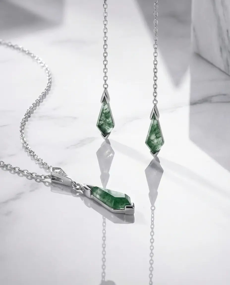 Kite-Cut Moss Agate Jewellery Set - Sterling Silver Necklace & Drop Earrings IfShe NZ