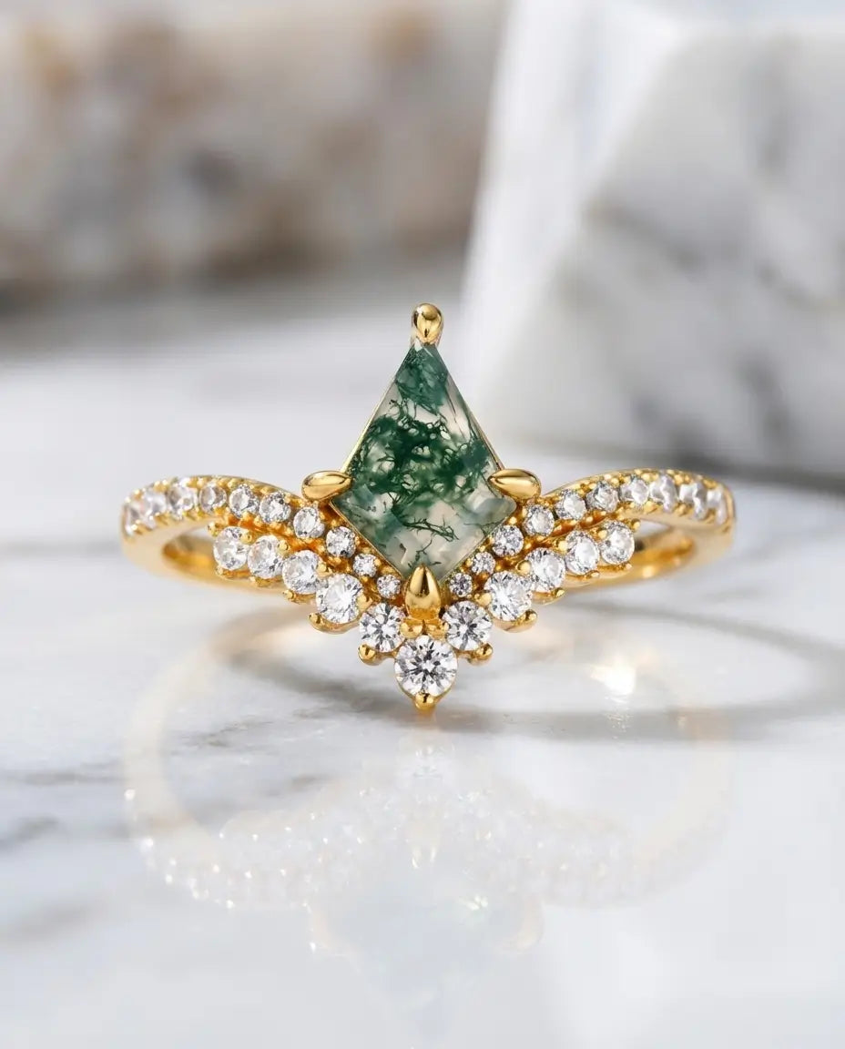 Kite-Shaped Moss Agate Ring - Vintage Style Silver & Gold Vermeil IfShe NZ