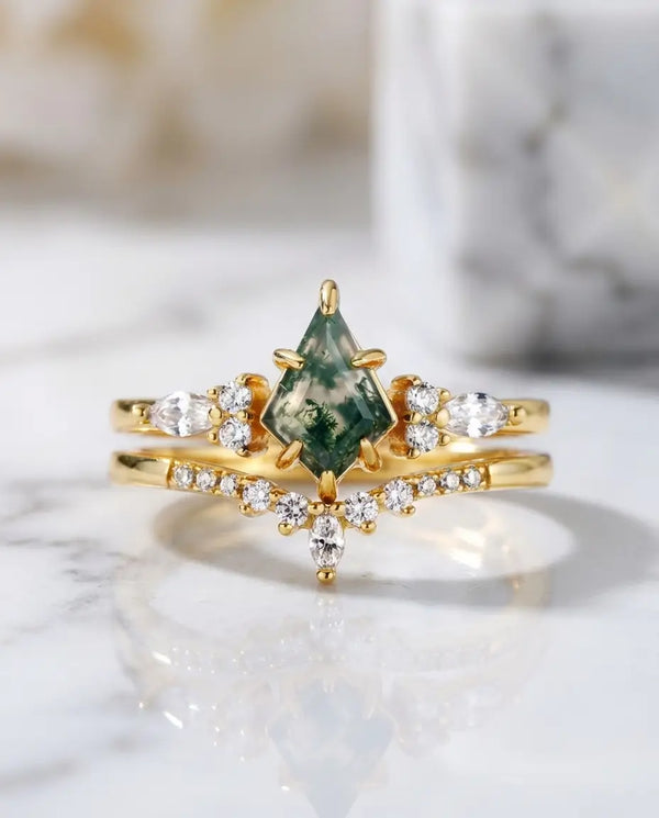 Kite Moss Agate Bridal Ring Set - Vintage Style Nesting Bands in Sterling Silver IfShe NZ