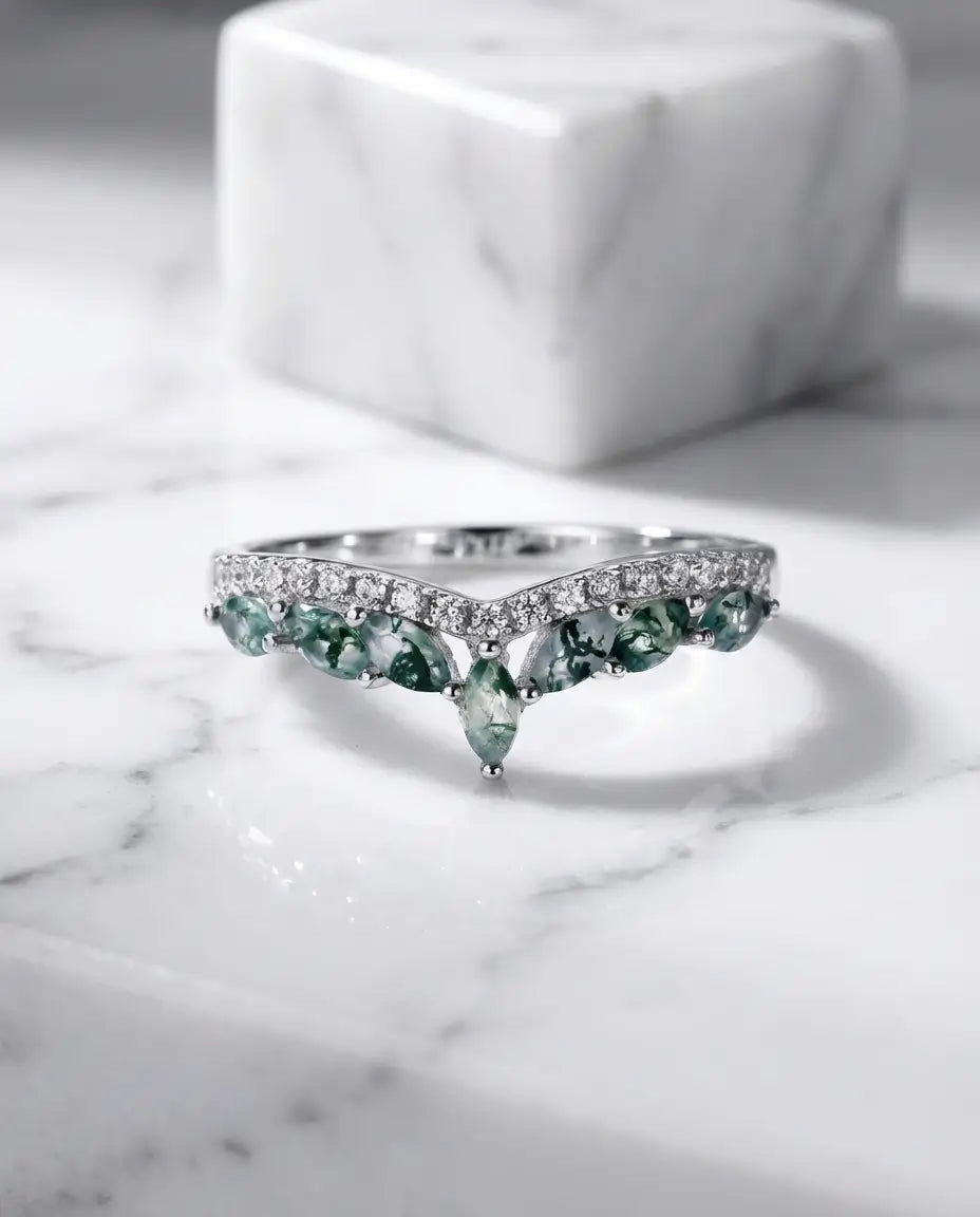 Marquise Moss Agate Curved Wedding Band - Sterling Silver Leaf Stacking Ring IfShe NZ
