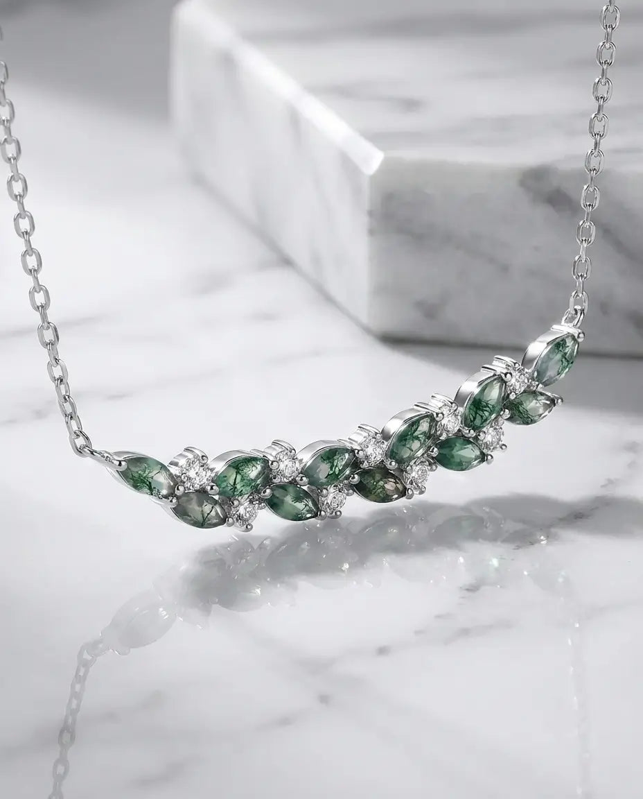 Moss Agate Leaf Bar Necklace - Sterling Silver Marquise Gemstone Pendant IfShe NZ