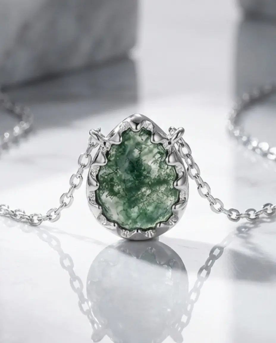 Natural Moss Agate Teardrop Necklace - Sterling Silver Pendant IfShe NZ