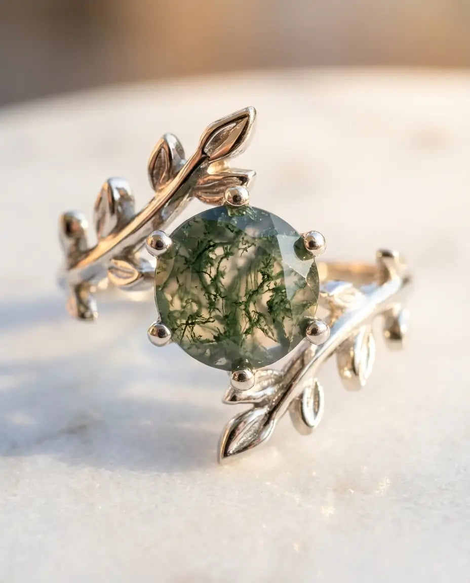 Nature-Inspired Leaf Moss Agate Ring - Sterling Silver Branch Solitaire IfShe NZ