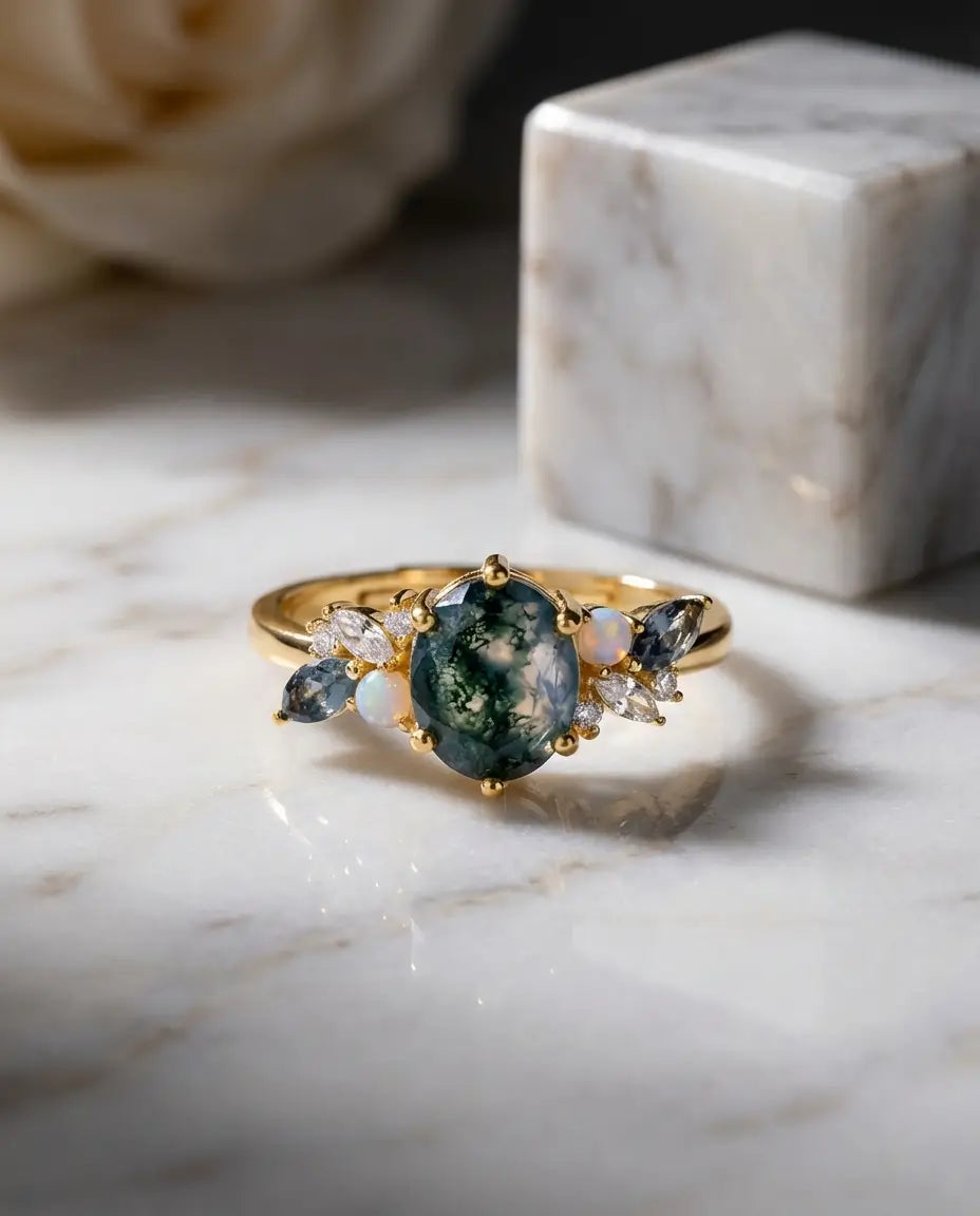 Oval Moss Agate & Opal Cluster Ring - Adjustable Gold Plated Vintage Design - IfShe NZ