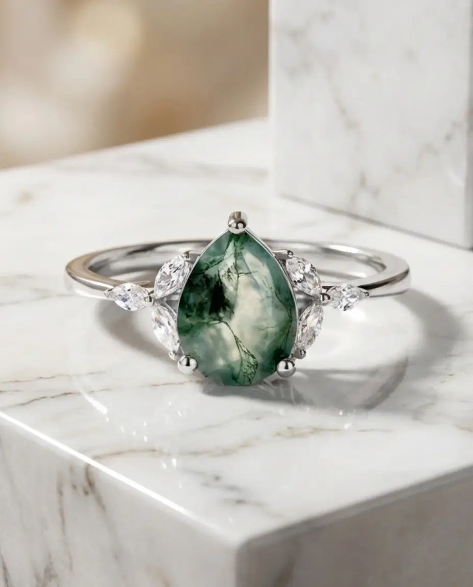 Pear-Shaped Moss Agate Engagement Ring - Sterling Silver Teardrop Ring with Marquise Accents IfShe NZ