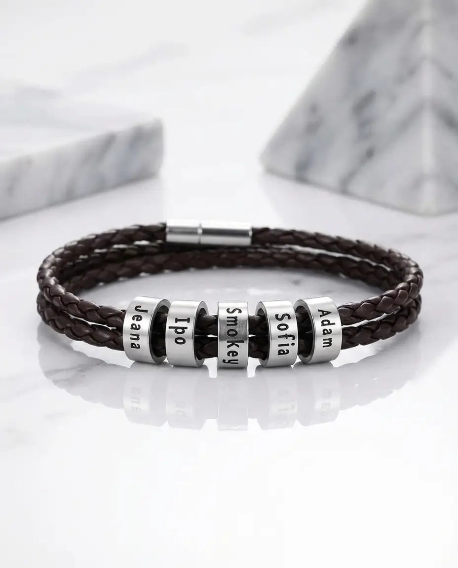 Personalised Men's Braided Leather Bracelet with Engraved Silver Beads IfShe NZ