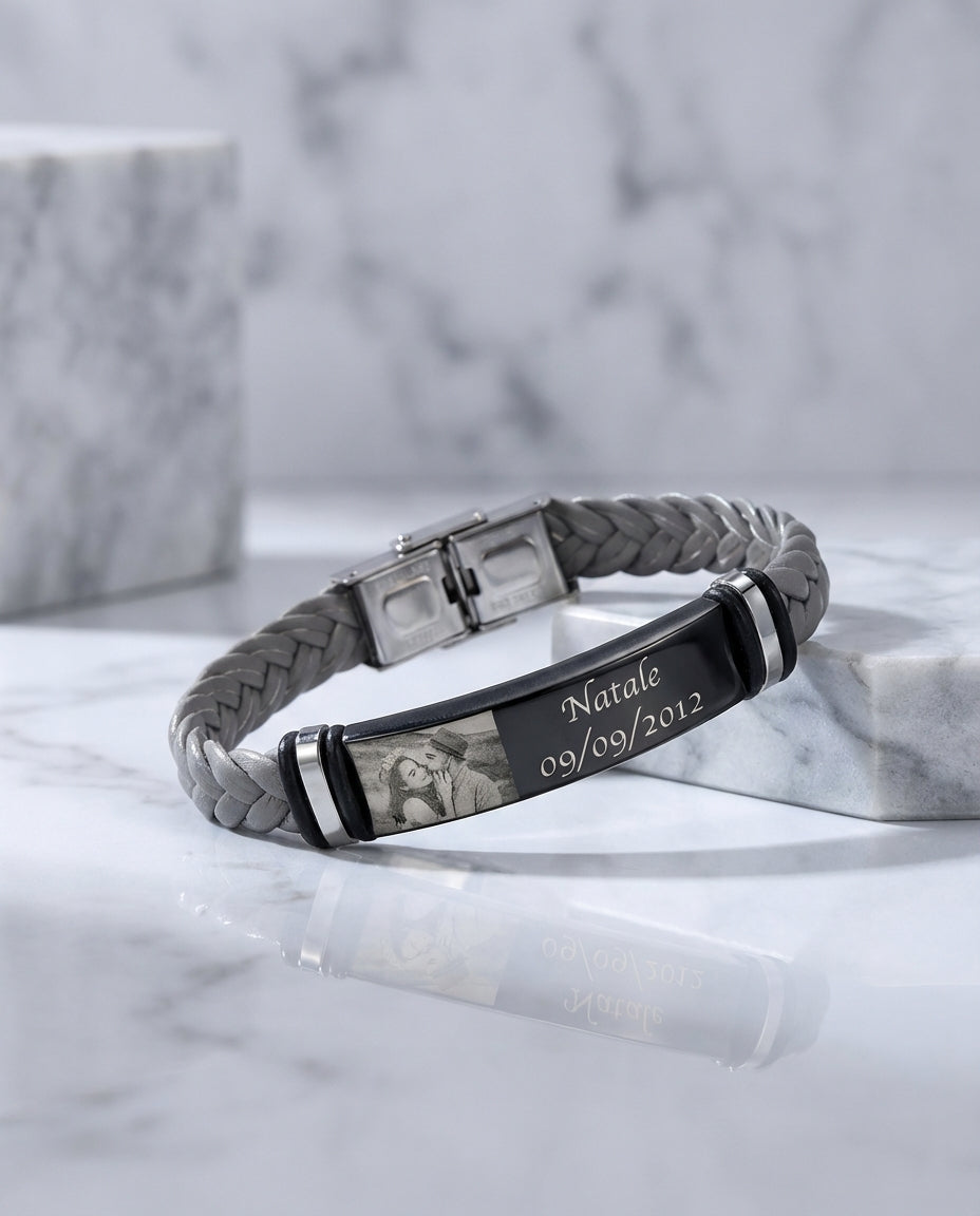 Personalised Men's Photo Bracelet - Engraved Braided Leather ID Band IfShe NZ