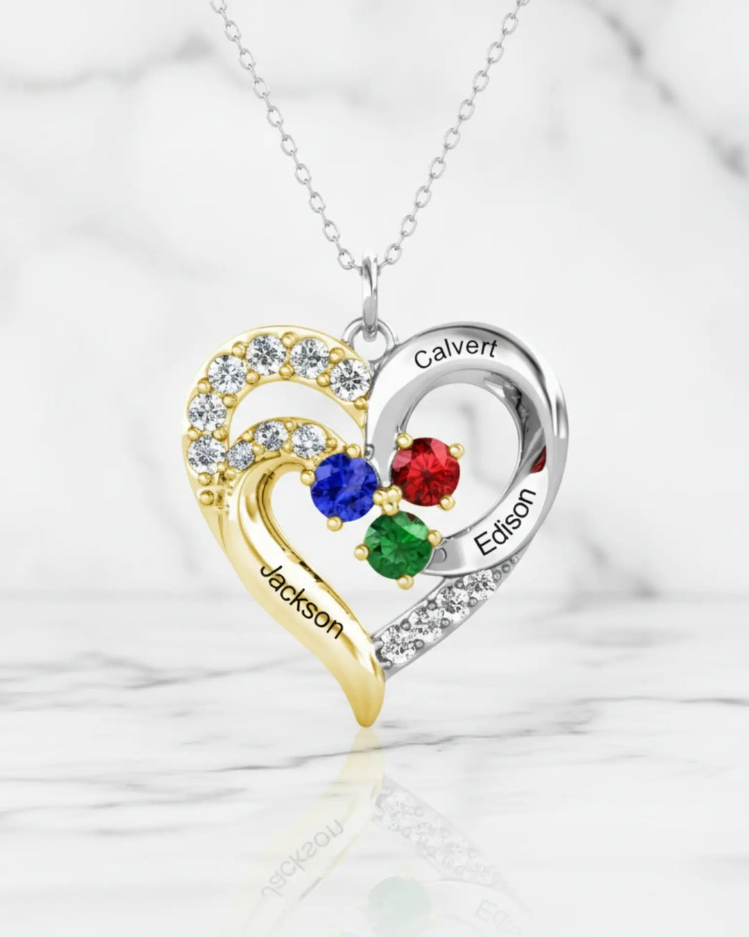 Personalised Two-Tone Heart Pendant: Engraved Names & Family Birthstones, Sterling Silver Gift for Mum IfShe NZ