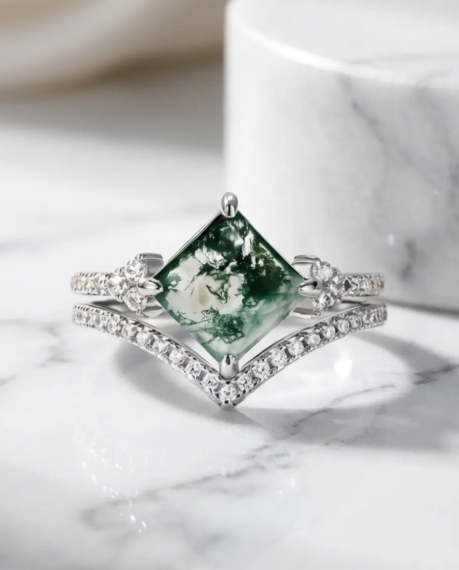 Princess-Cut Moss Agate Bridal Set - Kite Setting with Chevron Wedding Band IfShe NZ