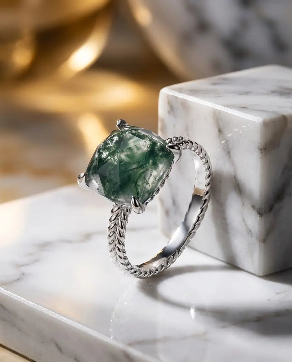 Statement Cushion Cut Moss Agate Ring - Twisted Rope Band in Sterling Silver IfShe NZ