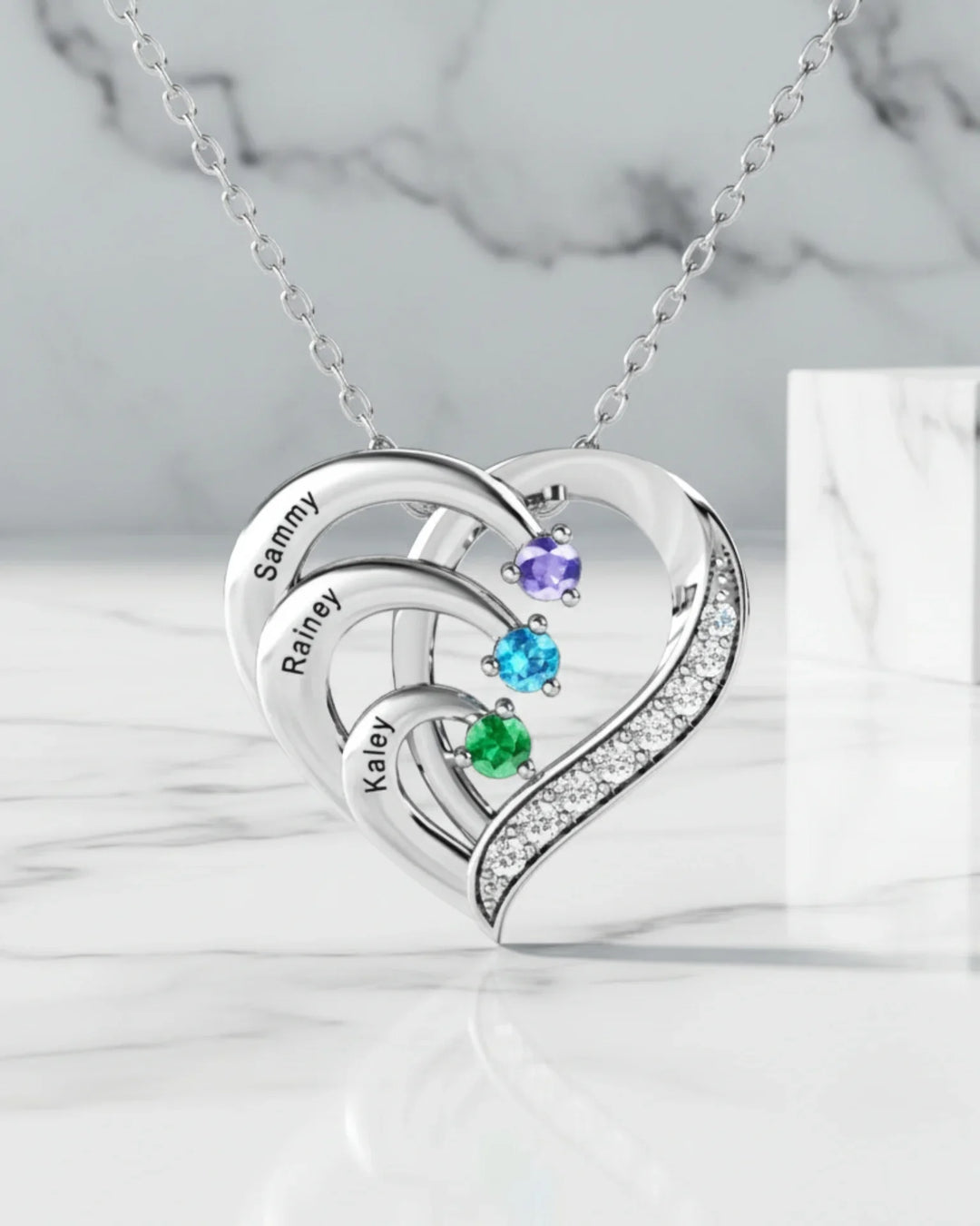 Sterling Silver Heart Name Personalised Necklace with 3 Birthstones