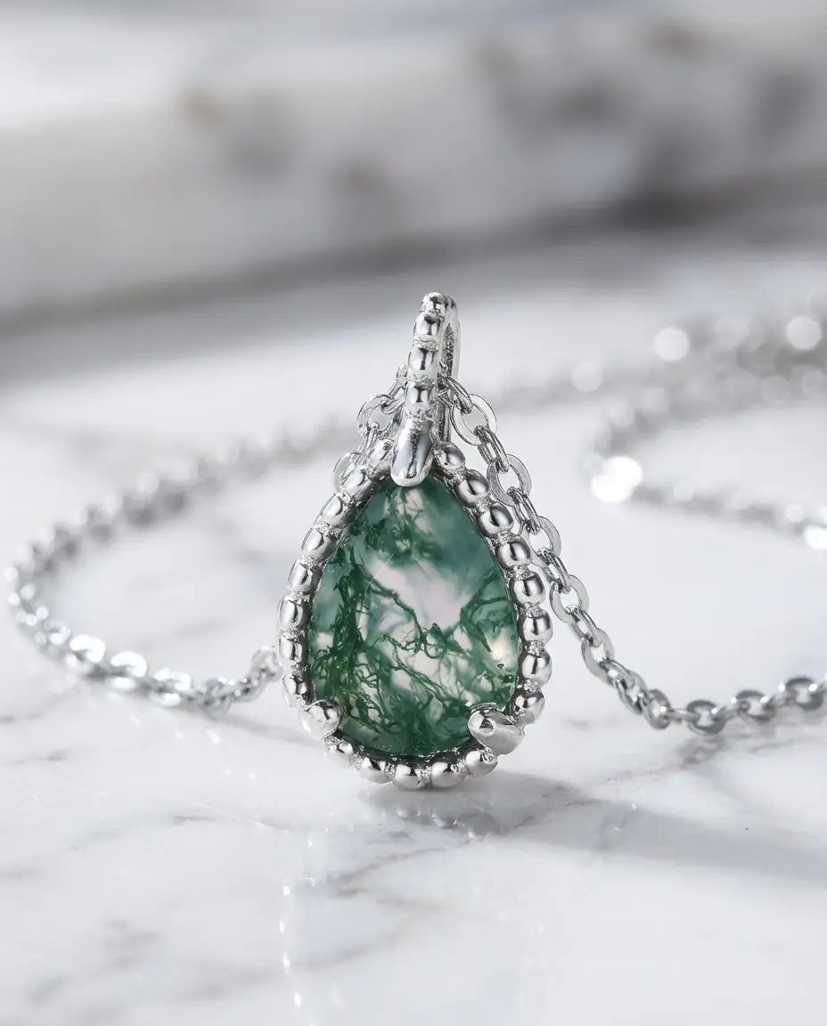 Teardrop Moss Agate Necklace - Sterling Silver Nature Pendant IfShe NZ