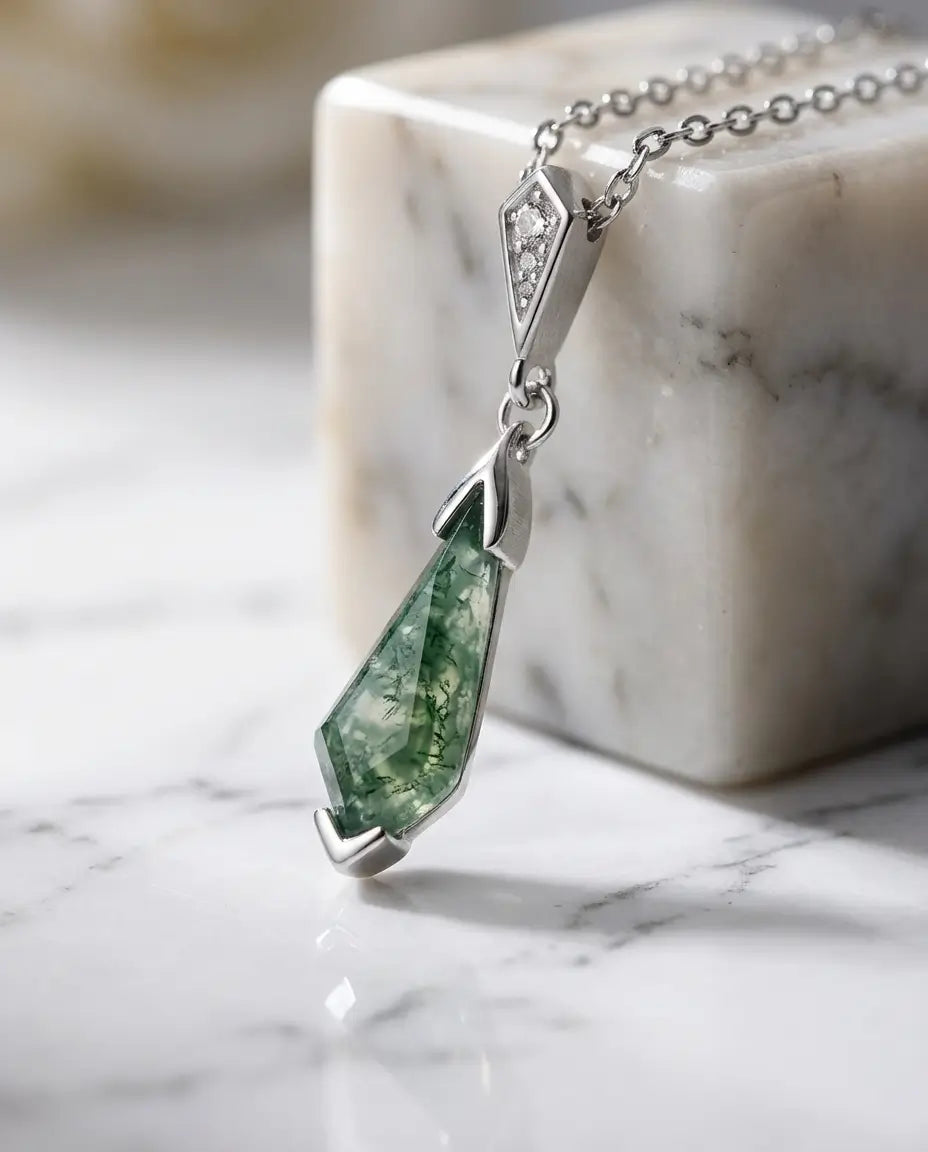 Vintage Kite-Shaped Moss Agate Necklace - Sterling Silver Art Deco Pendant IfShe NZ