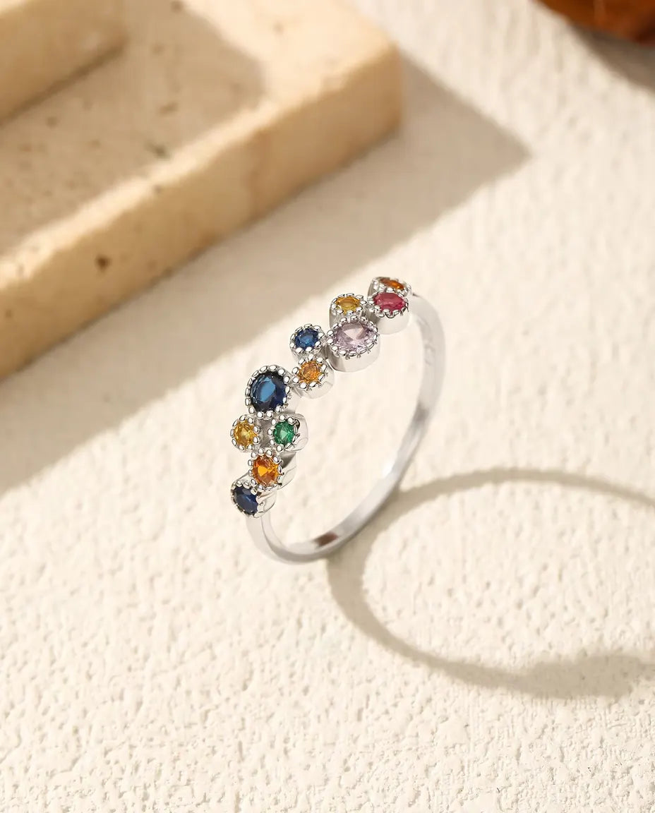 Colourful Zirconia Cluster Ring - Blue, Yellow, Green and Pink Stones with Milgrain Halos, 925 Silver, Sizes 5 to 9