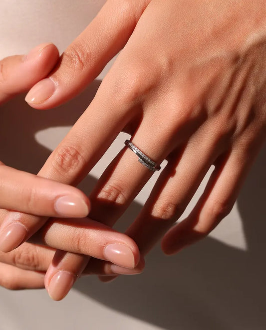 Crossover Pave Moissanite Ring - Twenty-Six D Colour Stones on a 1.4 mm Band, 925 Sterling Silver, Sizes 5-9