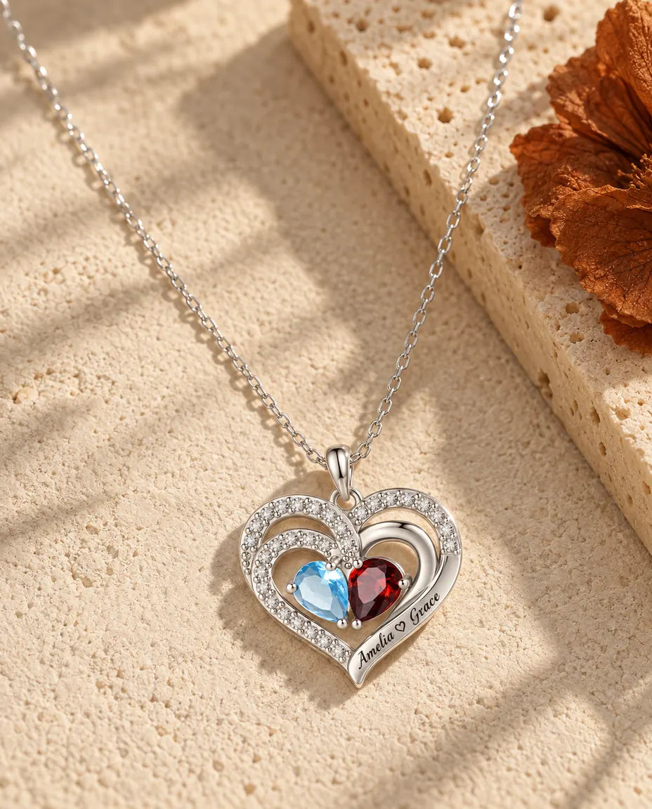 Personalised Birthstone Necklace With 2 Names - Double Heart Pendant With Two Pear Simulated Birthstones, Silver