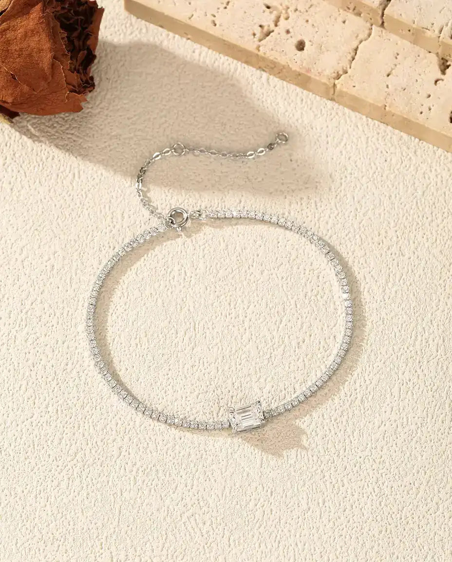 Emerald Cut Moissanite Tennis Bracelet - 1 ct D Colour Center Stone, 925 Sterling Silver, 16 + 5 cm Adjustable