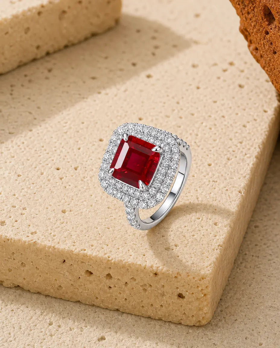 Lab ruby double halo square statement ring in sterling silver with pave shoulders