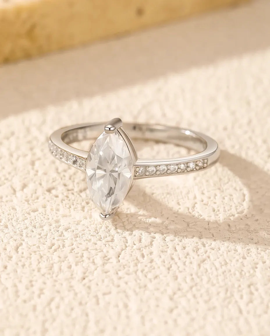 Marquise cut moissanite engagement ring in 925 sterling silver