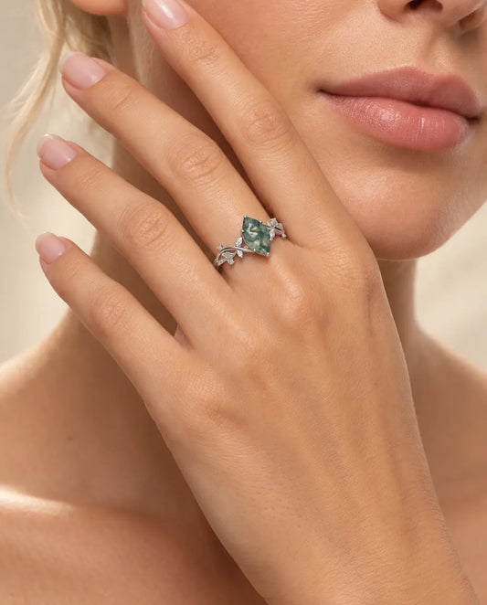 Marquise Moss Agate Ring in 925 Sterling Silver - Vine and Leaf Engagement Ring With Cubic Zirconia Accents, Nature Inspired Gift for Her