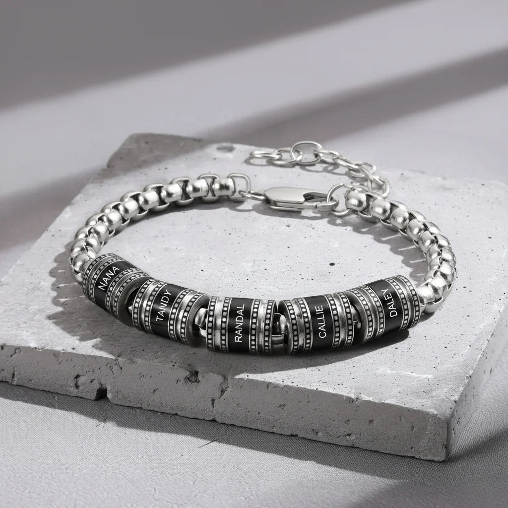Men's Engraved Name Bracelet - Personalised Bracelet for Him - Up to 5 Name Beads