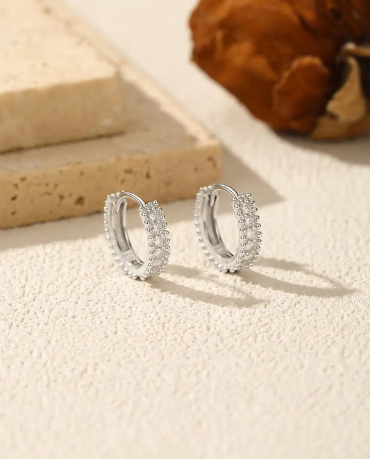 Moissanite Huggie Hoop Earrings - 12 mm Beaded Pave Huggies in 925 Sterling Silver, 14 D Colour Stones