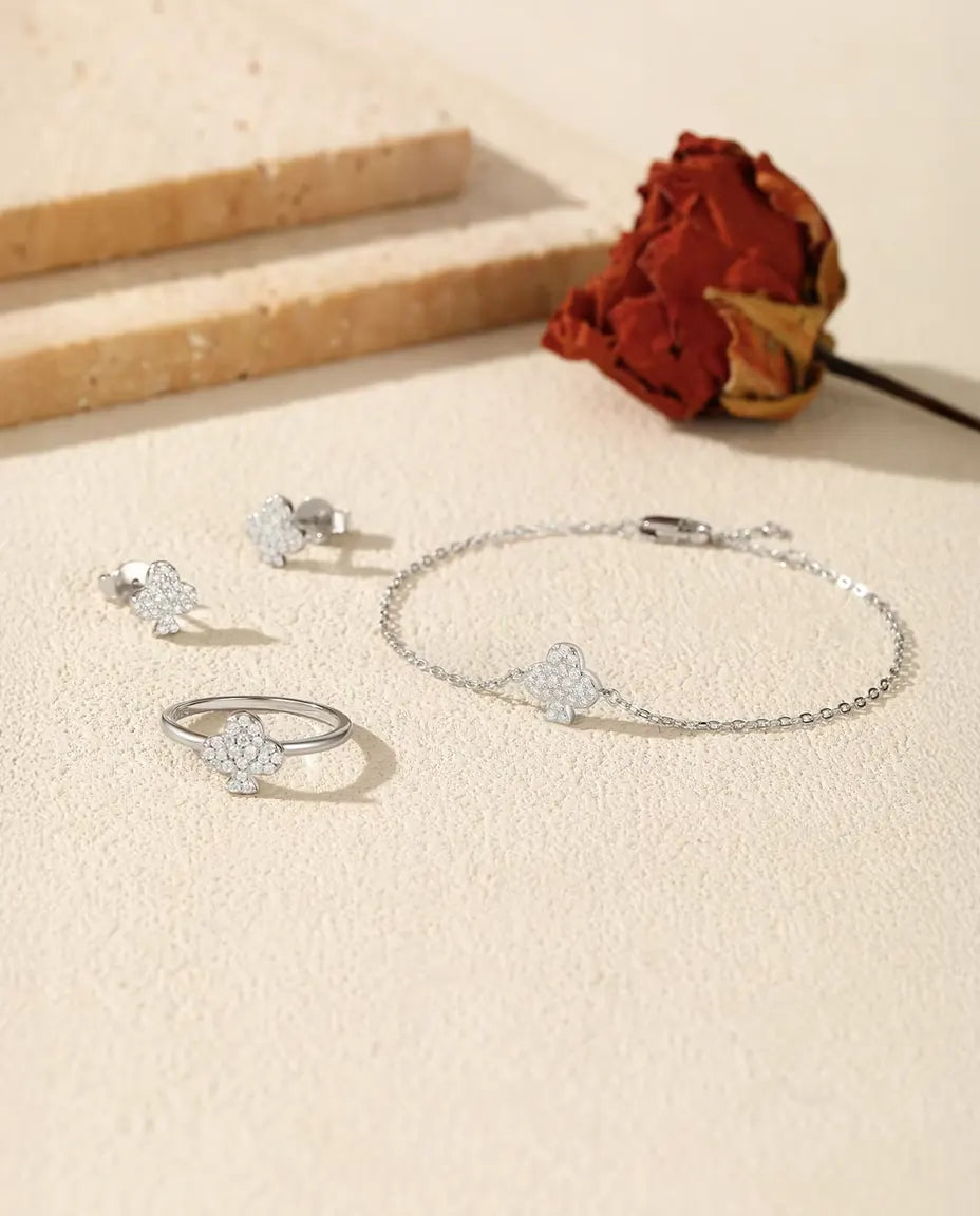 Moissanite Club Jewellery Set in 925 Sterling Silver - Pavé Club Charm Bracelet, Ring and Stud Earrings, Matching 3-Piece Gift Set for Her