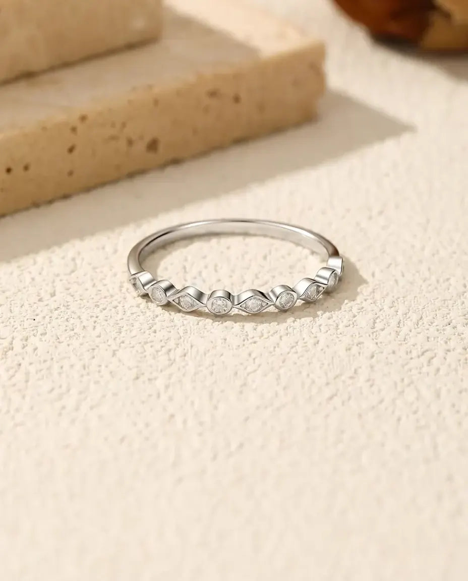 Moissanite Eternity Band – 9 Stone D Colour VVS Half Eternity Ring in 925 Sterling Silver, Dainty Stacking Band, Sizes 5-9