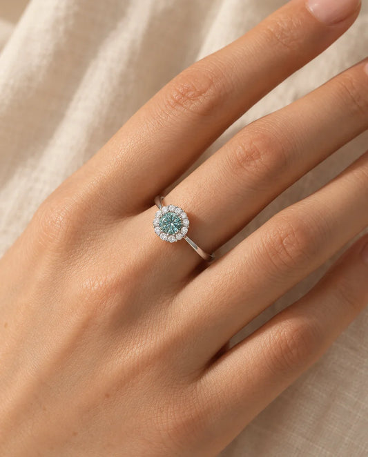 Moissanite Halo Ring - worn on the hand