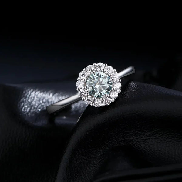 Moissanite Halo Ring - Moissanite Wedding Ring For Women - 0.50Ct - 925 Sterling Silver - Green Teal
