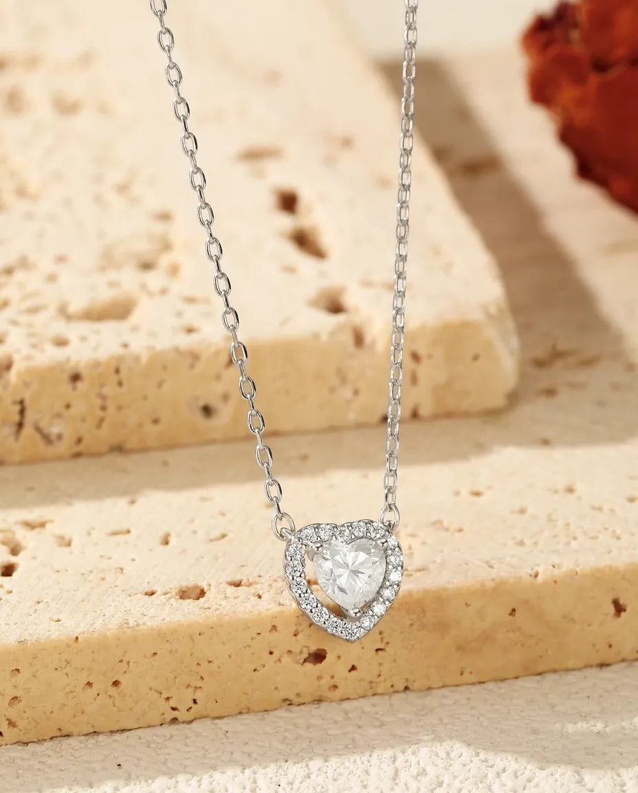 Moissanite heart necklace in 925 sterling silver, D colour heart-cut halo pendant for women