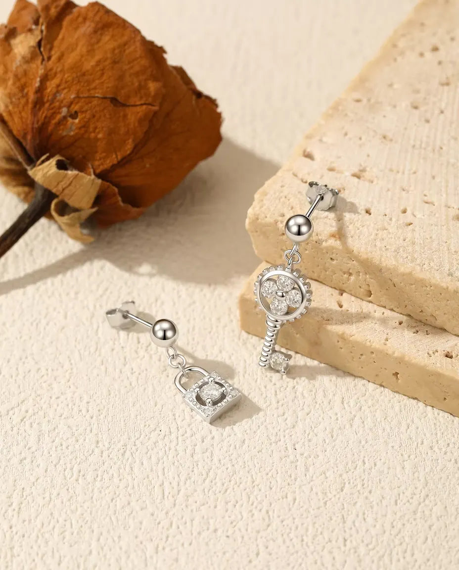 Key and Lock Mismatched Earrings - Moissanite Padlock and Key Drops in 925 Sterling Silver, Asymmetric Pair