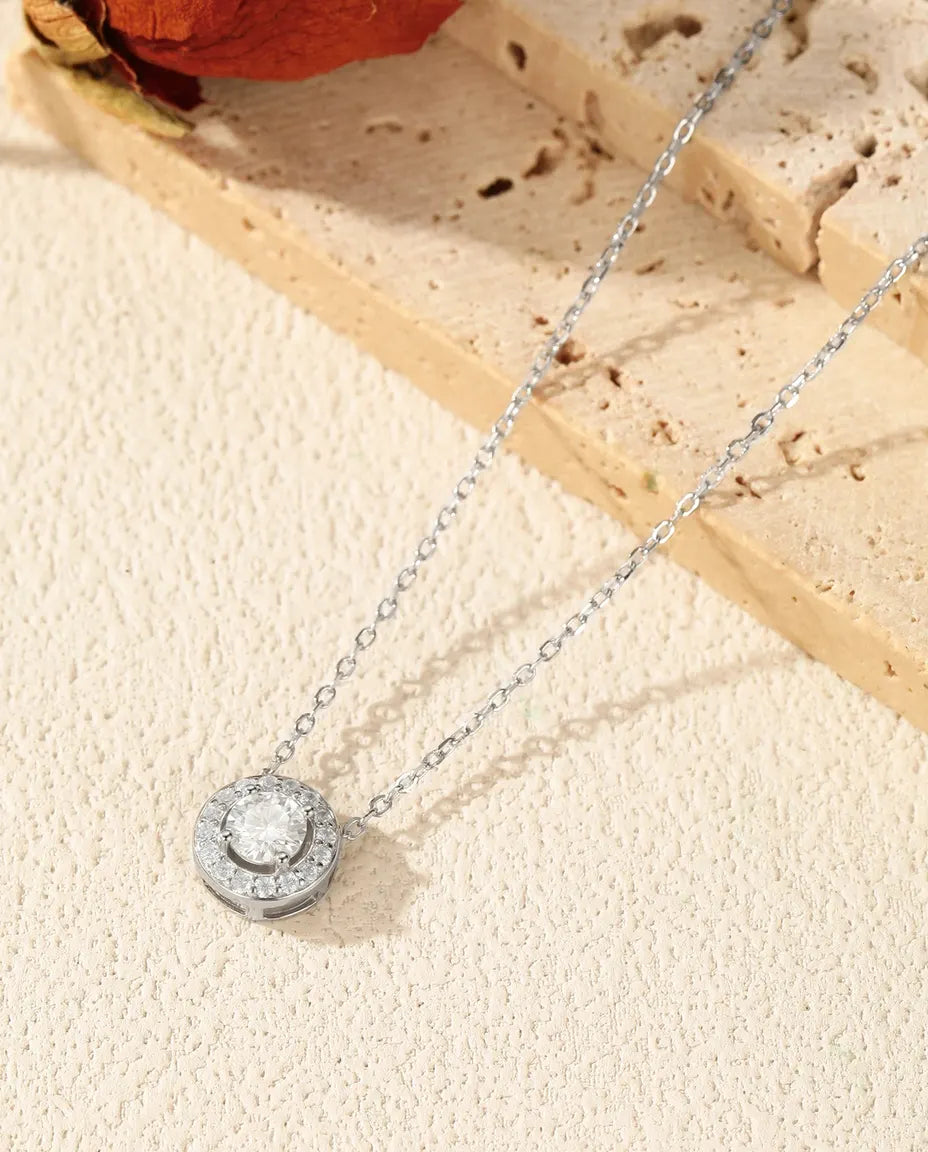 Moissanite Halo Necklace – 0.5ct D Colour Round Pendant with Pavé Halo in 925 Sterling Silver