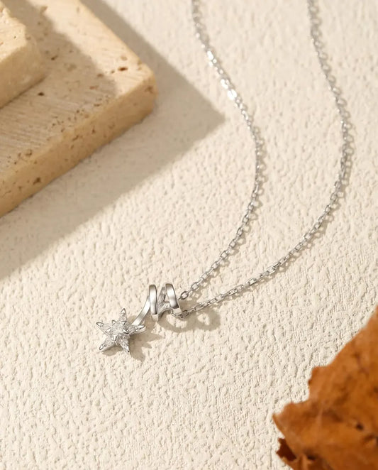 Moissanite Star Necklace - 2 mm Centre Stone with Five Pave Accents and a Spiral Link, 925 Sterling Silver