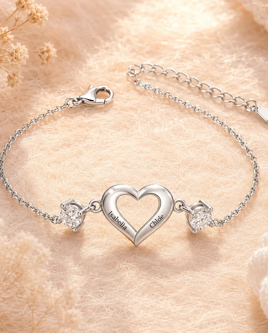 Personalised Birthstone Bracelet With 2 Names - Open Heart Chain Bracelet With Two Simulated Birthstones, Silver