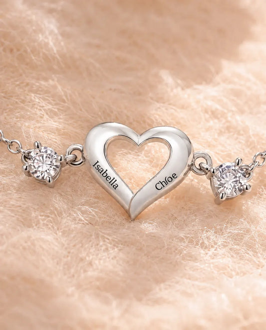 Personalised Birthstone Bracelet With 2 Names - Open Heart Chain Bracelet With Two Simulated Birthstones, Silver
