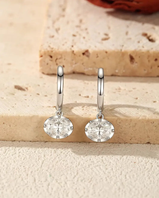 Oval Moissanite Drop Huggie Earrings - 1.00 ct each 5 x 7 mm Oval Stones, 21 mm Drop, 925 Sterling Silver