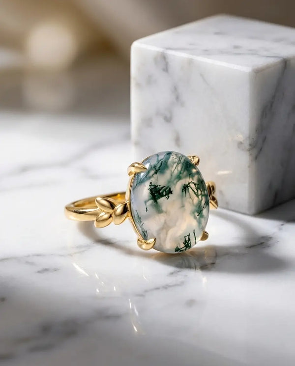 Oval Moss Agate Solitaire Ring - 10k Gold Plated Leaf Design IfShe NZ