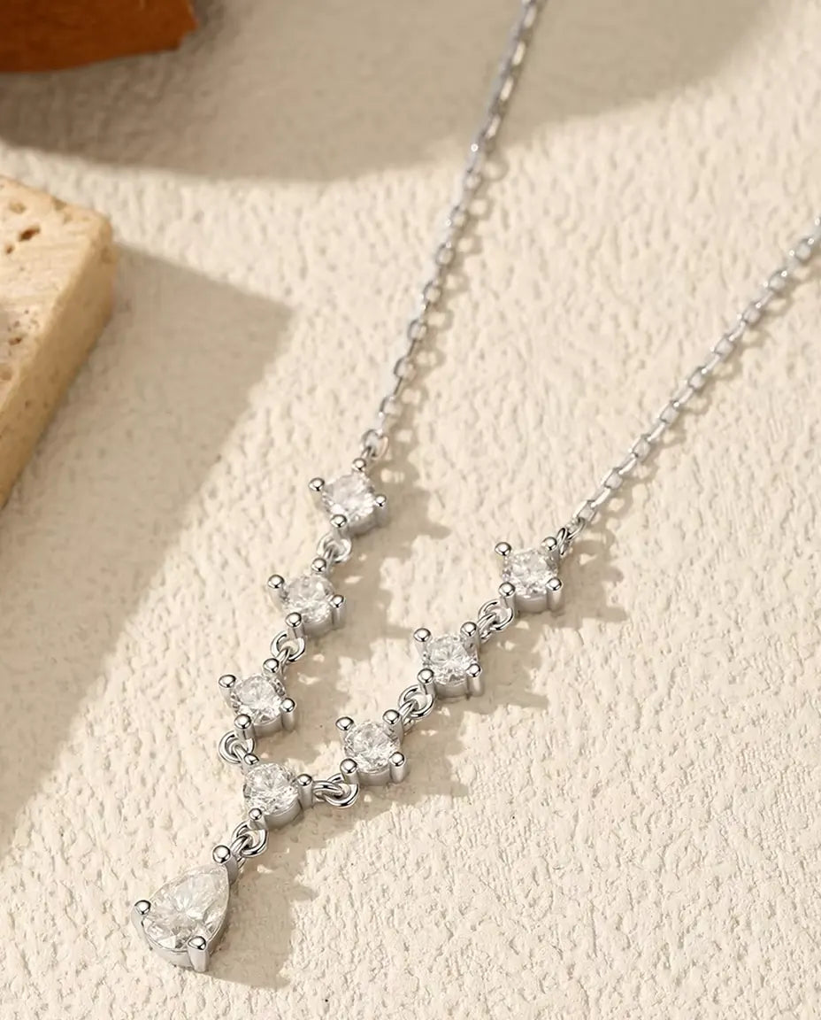 Pear Drop Moissanite Y Necklace - 1.2 ct Total D Colour Stones in 925 Sterling Silver, 15.7 to 17.7 in