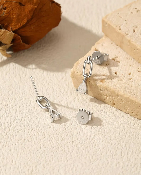Pear Moissanite Drop Earrings - Paperclip Link Studs with a 0.35 ct D Colour Stone per Earring, 925 Sterling Silver