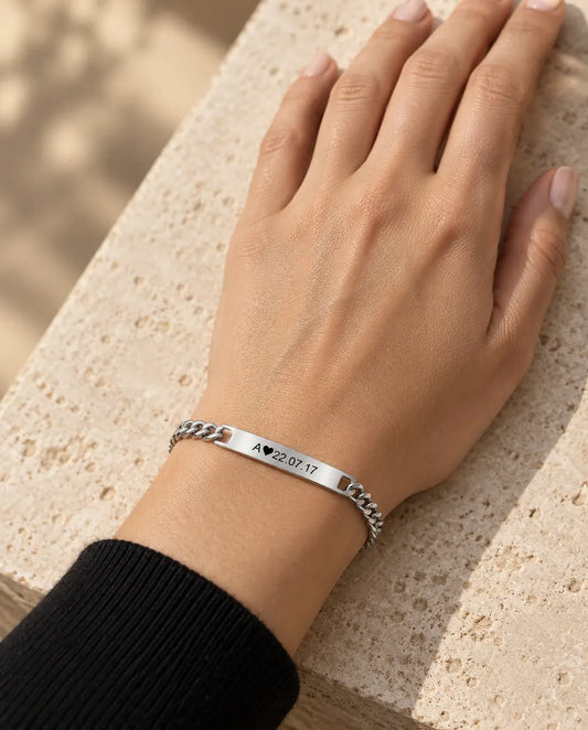 Engraved Initial & Date Bar Bracelet - worn on a model